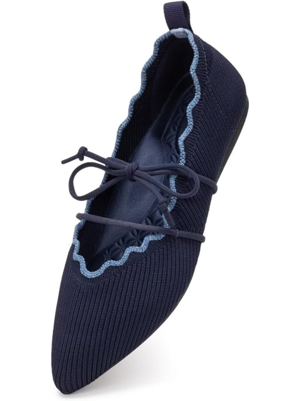 Women's Navy Rubber Knitted Slip On Pointed Toe with Ruffled Vamp Elastic Flats - Picture 4 of 7